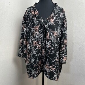 Adrienne Vittadini Tie Front‎ Blouse Women's 2X Black Floral 3/4 Sleeve Dressy